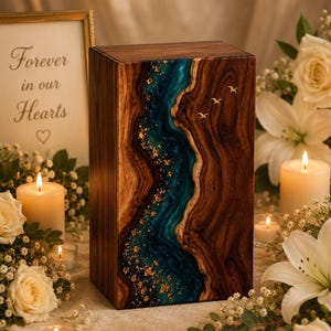 May include: A rectangular wooden cremation urn featuring a vertical river-like inlay of teal resin with gold leaf flakes. The dark wood grain contrasts with the smooth, glossy blue resin channel. Three small gold-colored bird silhouettes are embedded.