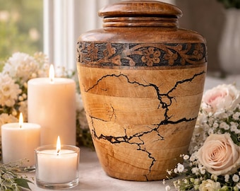 Handcrafted Wooden Urn, Floral Carved Memorial Box, Resin Inlay Keepsake Decor