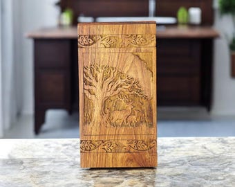 Rosewood Cremation Urn: Hand-Carved Deer & Tree, Adult Urn wooden ashes storage box