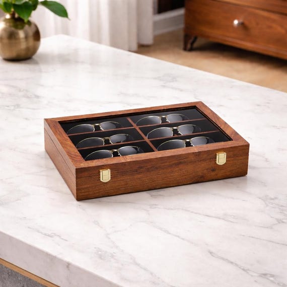 Handcrafted Wooden Sunglasses Organizer Box, 8 Slot Eyeglass Display Case, Velvet Lined, Glass Top