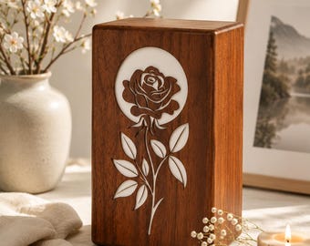 Wooden Cremation Urn, White Rose Inlay Memorial Keepsake Box, Handmade Funeral Tribute