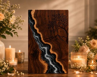 Handmade Walnut Cremation Urn, Blue River Resin Memorial, Tree Mountain Engraved Funeral Urn