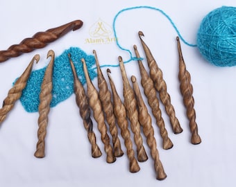 Handmade natural wood Crochet Hook Set: Ergonomic unique Design set of 12 (4mm-16mm)