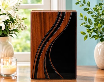 Handmade Wooden Cremation Urn, Black Resin Wave Design, Modern Memorial Keepsake Urn