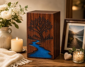 Handmade Wooden Cremation Urn, Tree of Life Blue Resin River Memorial Keepsake