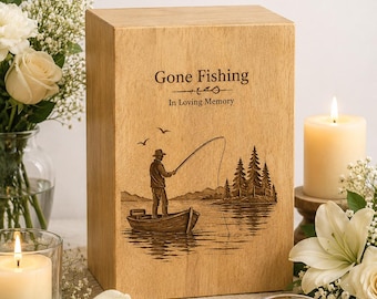 Mango Wood Fishing Cremation Urn, Laser Engraved Memorial Box, Fisherman Tribute