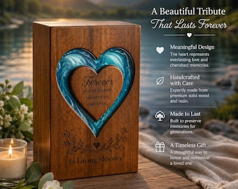 Handcrafted Wooden Urn, Blue Resin Heart Memorial Keepsake Box, Personalized Tribute