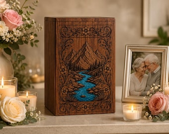 Handmade Mango Wood Cremation Urn, Mountain River Memorial Box