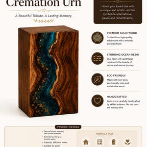 May include: A rectangular cremation urn made of dark solid wood featuring a central vertical inlay of blue ocean resin with embedded gold flakes. The urn has a smooth polished finish and a secure bottom opening with screw fasteners for 200 cubic inches.
