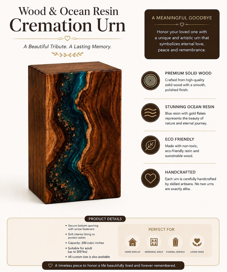 May include: A rectangular cremation urn made of dark solid wood featuring a central vertical inlay of blue ocean resin with embedded gold flakes. The urn has a smooth polished finish and a secure bottom opening with screw fasteners for 200 cubic inches.