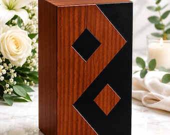 Modern Wooden Urn, Black Resin Geometric Cremation Memorial Box