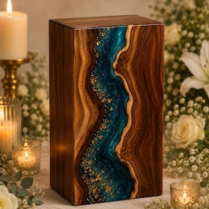 Blue Resin River Cremation Urn - Handmade Wooden Memorial urn, Human & Pet Ashes Box image 3