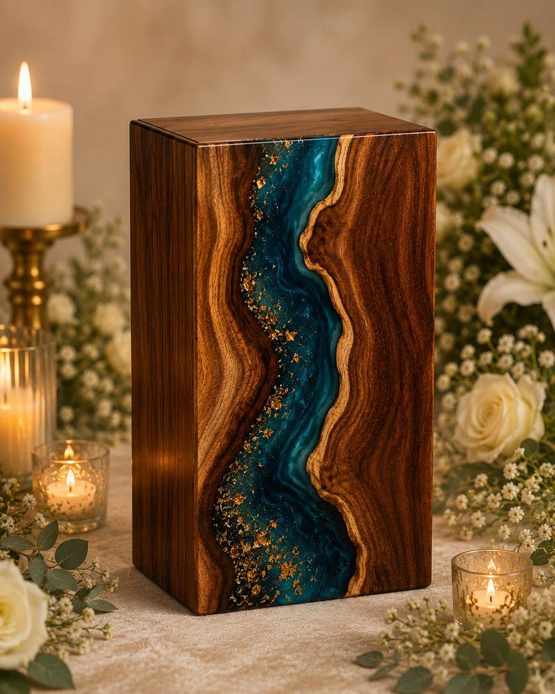 Blue Resin River Cremation Urn - Handmade Wooden Memorial urn, Human & Pet Ashes Box image 3