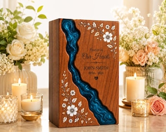 Personalized Wooden Cremation Urn, Blue Resin River Memorial Keepsake Box