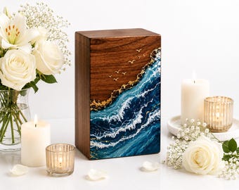 Handmade Wooden Cremation Urn, Ocean Wave Resin Art, Gold Inlay Memorial Tribute
