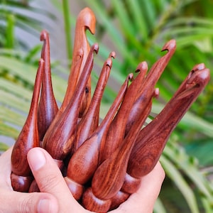 May include: A close-up of a hand holding a bundle of wooden crochet hooks. The hooks are all different sizes and are made of a dark brown wood.