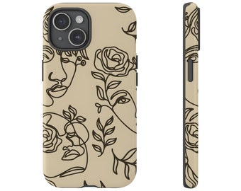 May include: A beige phone case with a black line drawing pattern of faces and flowers. The case is designed for an iPhone with a camera bump.