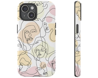 May include: A white phone case with a pattern of abstract faces in black lines and pastel colors. The case has a cutout for the camera lens.