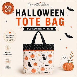Może przedstawiać: Torba typu tote z nadrukiem o tematyce Halloween, przedstawiająca czarne koty, pomarańczowe dynie, duszki, nietoperze i półksiężyce na kremowym tle. Torba posiada czarne uchwyty oraz górną krawędź w czarne kropki z pomarańczowym, falistym wykończeniem.