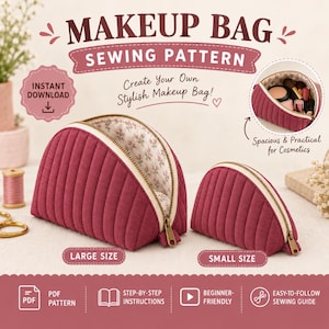 Op de afbeelding: Een naaipatroon voor een make-uptas met twee gewatteerde, bordeauxrode, halfronde tasjes met koperen ritsen en een bloemige voering. De tekst luidt MAKEUP BAG SEWING PATTERN, INSTANT DOWNLOAD, LARGE SIZE, SMALL SIZE, PDF PATTERN, STEP-BY-STEP INSTRUCTIONS, BEGINNER-FRIENDLY en EASY-TO-FOLLOW SEWING GUIDE.