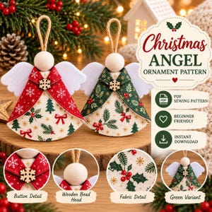 Pode incluir: Dois ornamentos de anjo com cabeças de contas de madeira, asas de feltro branco e laços de juta. Um tem um vestido de tecido vermelho com estampas de flocos e árvores, o outro um vestido verde com motivos de azevinho. Ambos têm um botão de floco de neve.