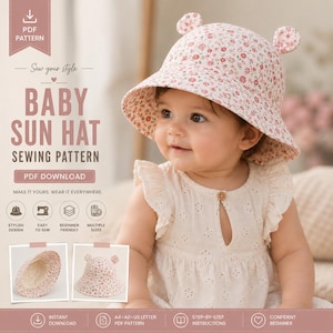 Puede incluir: Un patrón de costura para sombrero de sol de bebé, que muestra un sombrero de pescador con estampado floral y pequeñas orejas de oso en la parte superior. El documento digital incluye texto como PDF PATTERN, BABY SUN HAT SEWING PATTERN.