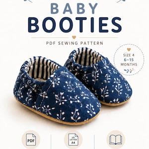 Puede incluir: Un par de patucos para bebé azul marino con un estampado floral blanco y forro interior a rayas. El texto dice: SEW CREATE WITH LOVE BABY BOOTIES PDF SEWING PATTERN, SIZE 4 6-15 MONTHS, PDF PATTERN, SIZES US LETTER A4, GUIDE INSTRUCTION.