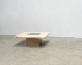 George Mathias square travertine and brass coffee table