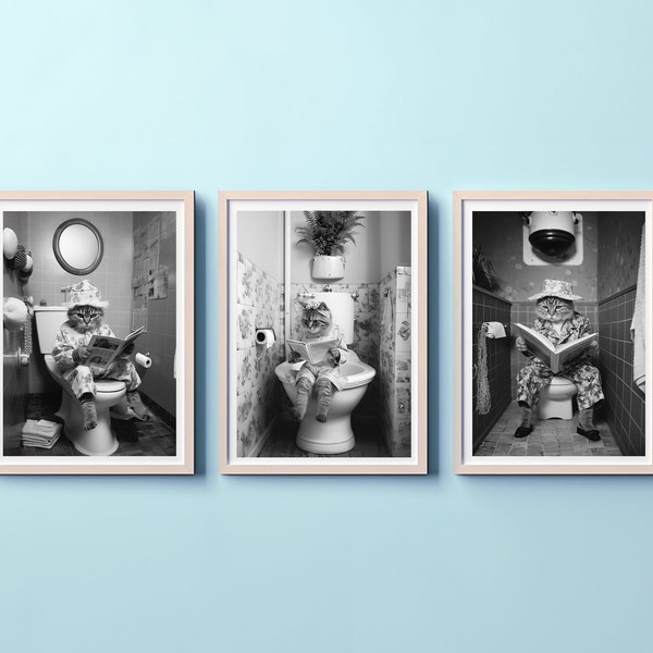 Funny Cats reading on the toilet | Printable Bathroom Wall Art, Retro Wall Print, Bathroom decor, Digital download Set of 3, Black and White