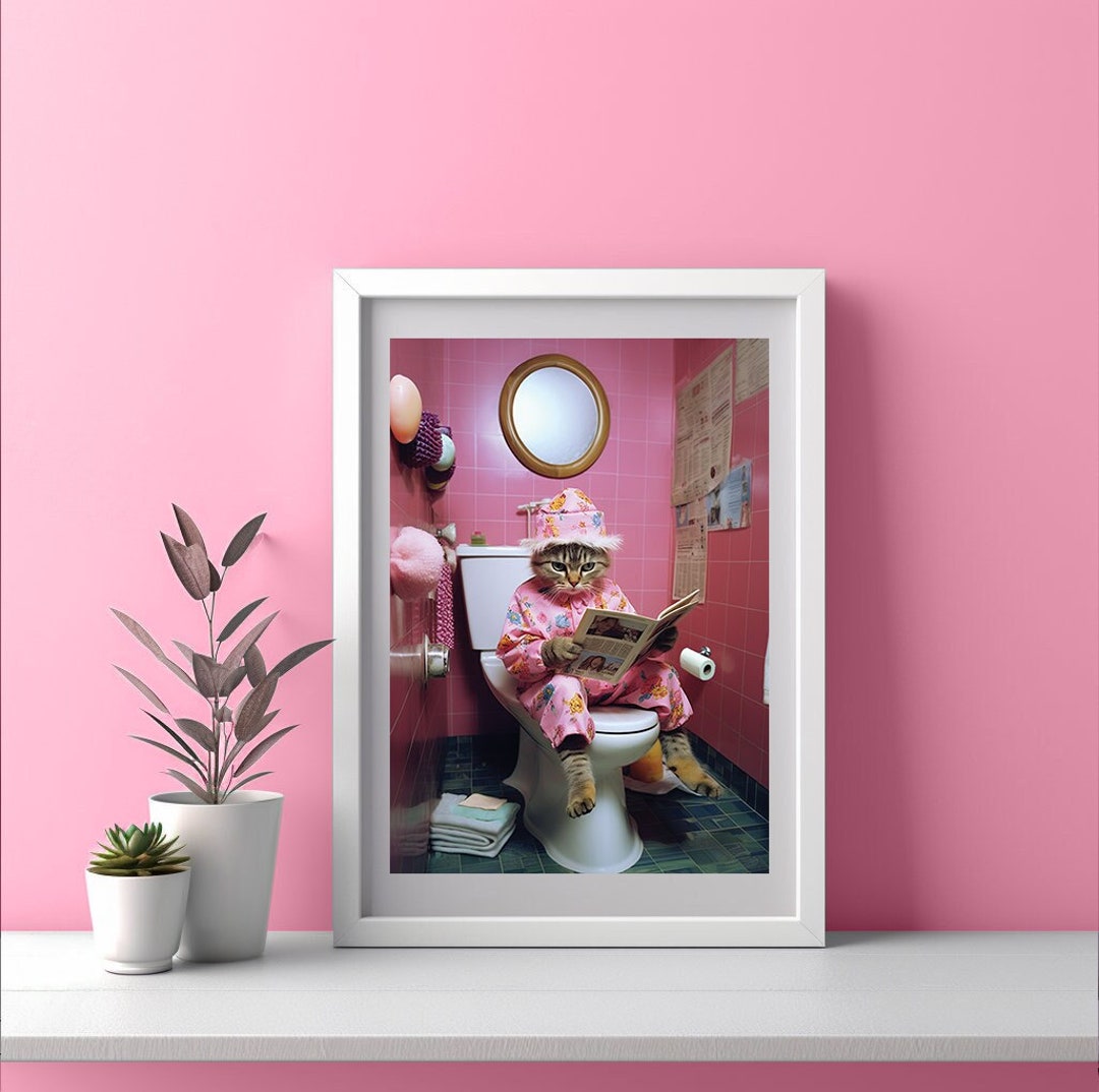 Cottage Kitty Funny Cat on the Toilet Printable Bathroom Wall Art Retro ...