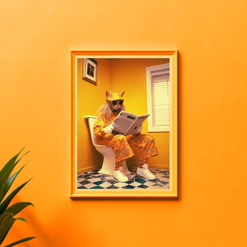 Big Catovsky Funny Cat on the Toilet Printable Bathroom Wall Art Retro