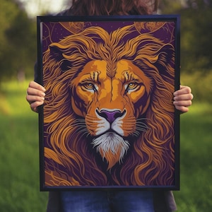 Majestic Lion and Cosmic Connection: Surreal Nighttime Art, Leo Zodiac Digital Leo Horoscope Print