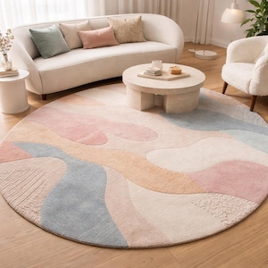 Aesthetic Pastel Round Rug - Wavy Organic Shape Tufted Carpet - Soft Pink & Blue Minimalist Floor Decor - Nordic Style Circular Area Rug
