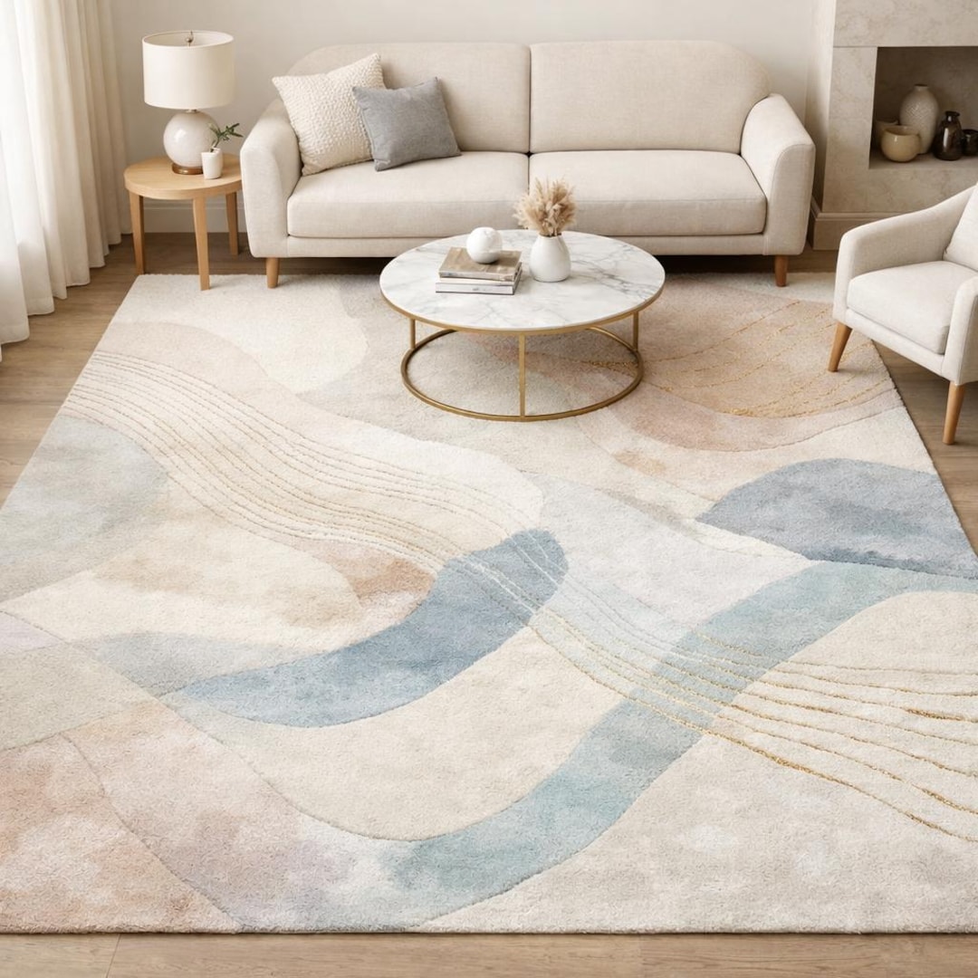 Hand-tufted Wool Area Rug – Abstract Wave Design, Neutral & Pastel - Etsy