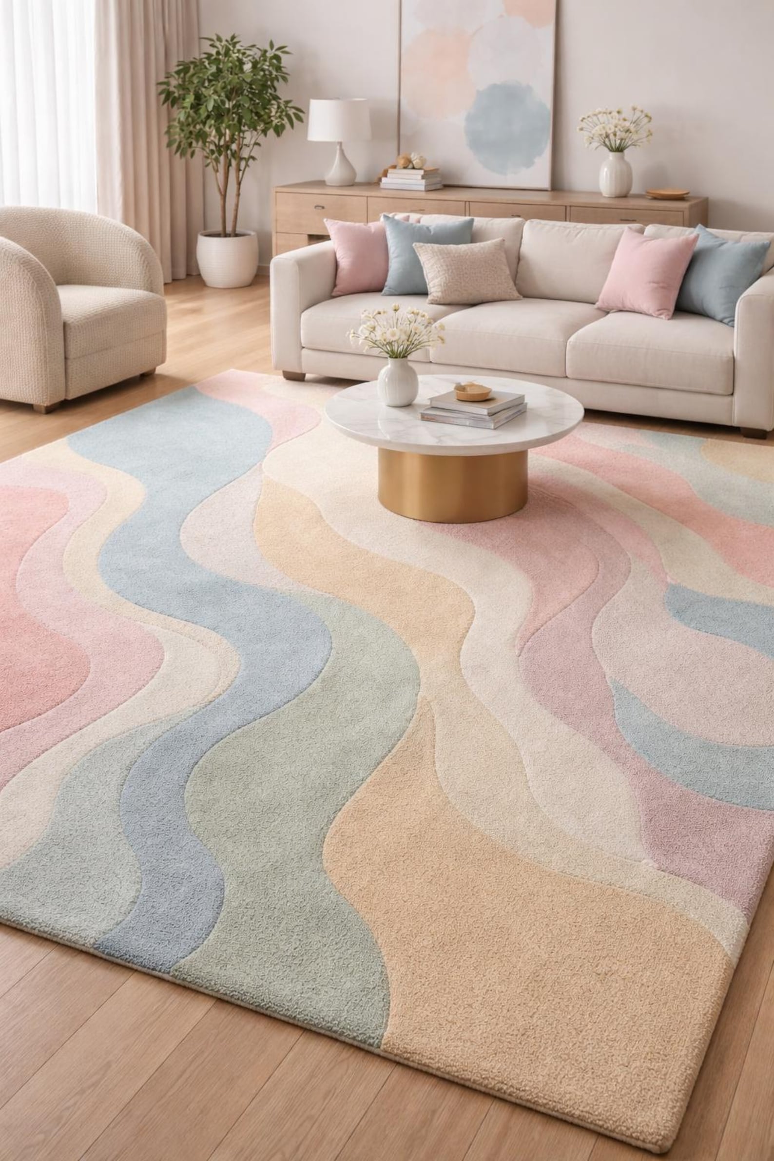 Pastel Waves Hand-tufted Wool Rug – Abstract Wavy Line Decor - Etsy
