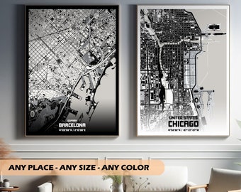 Arte cartográfico: Mapas personalizados y a medida para la decoración de tu hogar. Crea el mapa de tu ciudad (tema en blanco y negro) (Chicago, Copenhague).