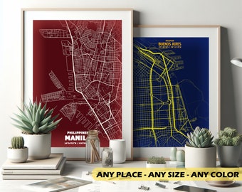 Arte de Mapas: Mapas Personalizados para la Decoración de tu Hogar - Formato Papel - Crea el mapa de tu Ciudad (Tema Moderno y Neón)