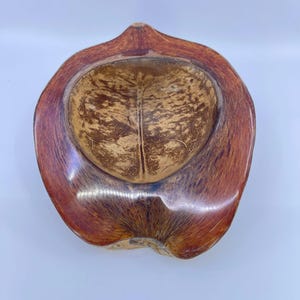 May include: A polished, dark brown bowl crafted from a natural coconut shell. The exterior features a smooth, glossy finish with visible wood grain patterns, while the interior retains a textured, fibrous appearance with a central vein.