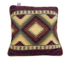 May include: A square throw pillow with a geometric pattern in shades of burgundy, tan, green, and brown. The pillow has a fringe border.