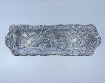 vintage arthur court embossed swan serving tray cast aluminum 1989