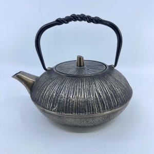 vintage cast iron teapot with textured finish & twisted handle