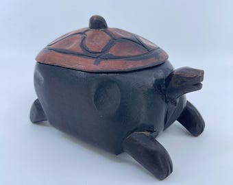 vintage hand carved wooden turtle box with lid trinket box