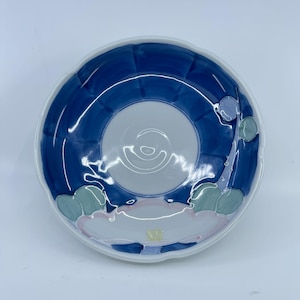 hand painted japanese pedestal bowl with floral design & blue accents