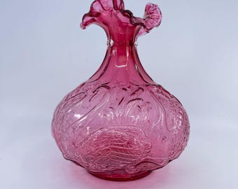 vintage fenton cranberry swans and cattails hand blown vase ruffle top