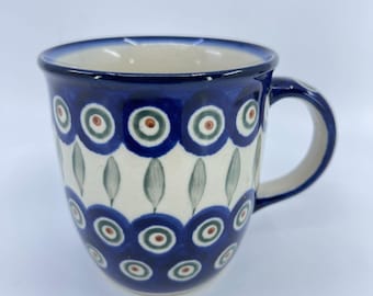 vintage boleslawiec polish pottery mug "peacock" pattern handcrafted