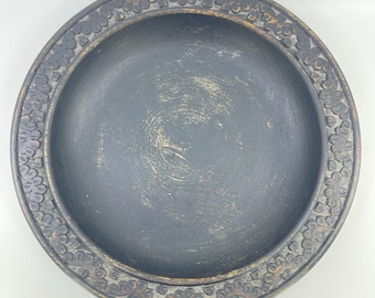 vintage hand carved wooden decorative bowl with floral design distressed finish