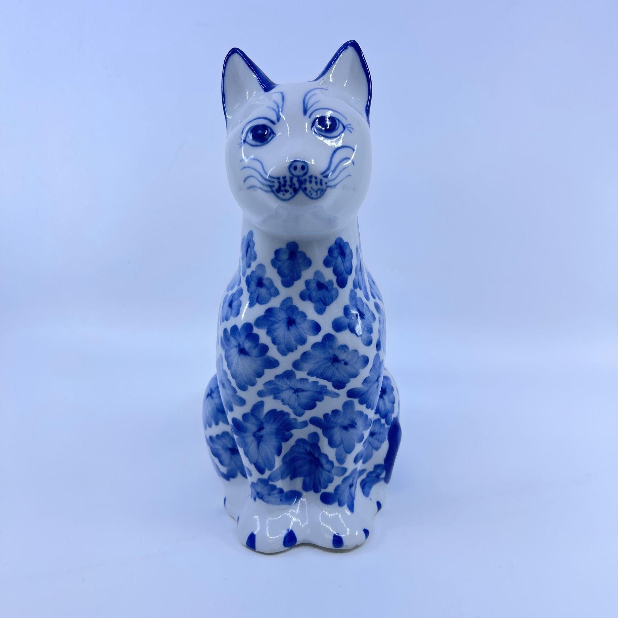 Antique Blue Porcelain Cat - Etsy
