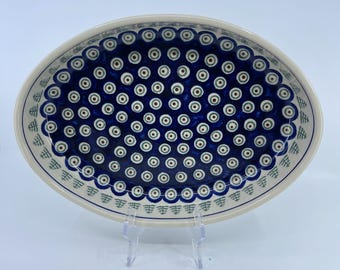 vintage boleslawiec polish pottery oval serving dish with peacock eye pattern