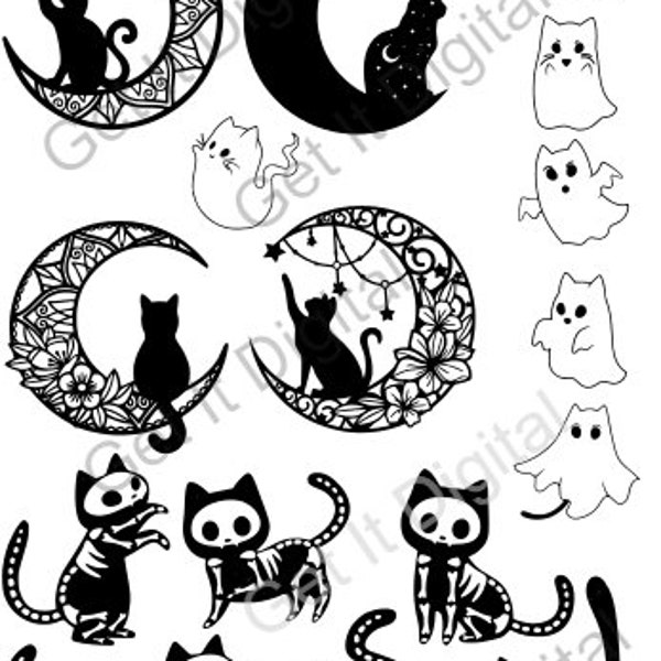 Halloween Cat SVG Bundle, Black Cat PNG Bundle, Cat Clipart, Halloween SVG Cut Files for Cricut, Cat Silhouette, Black Cat Svg, Spooky Svg