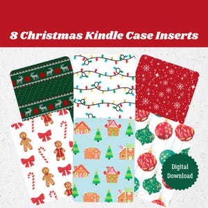 May include: Eight digital printable Christmas designs for Kindle case inserts. The designs include a gingerbread house pattern, a Christmas lights pattern, a snowflake pattern, a candy cane pattern, a Christmas bauble pattern, and a Christmas jumper pattern.
